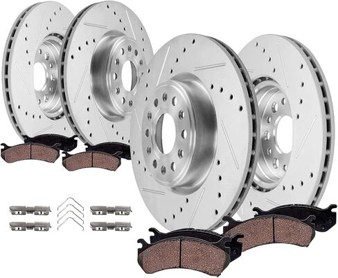 Detroit Axle - مجموعة الفرامل لعام 2019-2023 RAM 1500 حفر وسادات فرامل القرص المحفورة والمزودة بالوقوف مع الأجهزة 2020 2021 2022 استبدال: 14.88 بوصة الأمامية و 14.76 بوصة الدوار الخلفي بوصة in Saudi Arabia