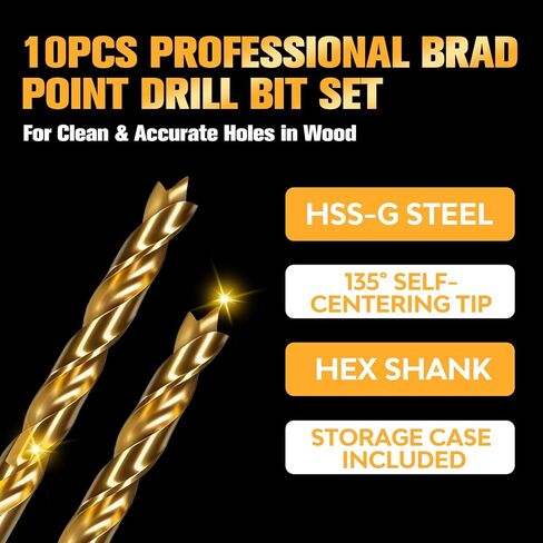 10Pcs Hex Shank HSS-G Brad Point Wood Drill Bit Set, Double Flute for Fast Drilling, Professional for Hardwood, Softwood & Plywood, Metric Sizes (3-10mm) with Storage Case in Kuwait