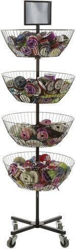 Displays2go Free Standing Basket Shelves, 4 Tiers Rotate Individually, Top Sign Holder, Locking Wheels in Kuwait