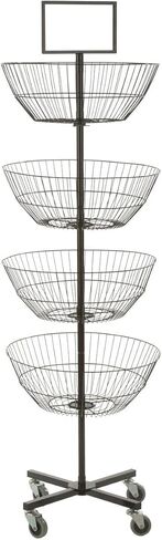 Displays2go Free Standing Basket Shelves, 4 Tiers Rotate Individually, Top Sign Holder, Locking Wheels in Kuwait