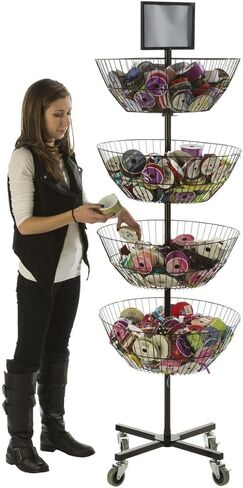 Displays2go Free Standing Basket Shelves, 4 Tiers Rotate Individually, Top Sign Holder, Locking Wheels in Kuwait