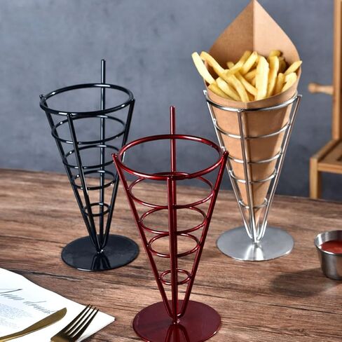 DOITOOL French Fries Holder 3-Piece Metal Snack Serving Basket Set French Fry Cone Stand and Fried Chicken Display Rack for Kitchen Restaurant Party Use 9.05X4.17X10.98In in Saudi Arabia