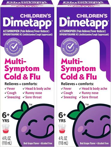 دواء Dimetapp متعدد الأعراض لعلاج نزلات البرد والأنفلونزا، مضاد للهستامين، مثبط السعال، يخفف الحمى، السعال، العطس، آلام الرأس والجسم، التهاب الحلق، نكهة العنب، خالي من الكحول، 4 أونصة سائلة (عبوة من قطعتين) in Kuwait