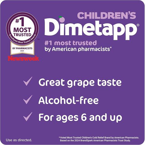 دواء Dimetapp متعدد الأعراض لعلاج نزلات البرد والأنفلونزا، مضاد للهستامين، مثبط السعال، يخفف الحمى، السعال، العطس، آلام الرأس والجسم، التهاب الحلق، نكهة العنب، خالي من الكحول، 4 أونصة سائلة (عبوة من قطعتين) in Kuwait