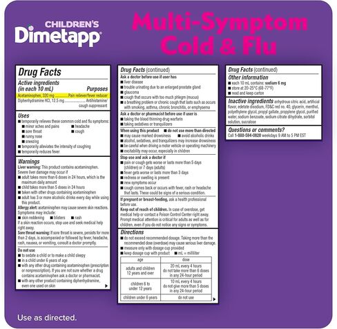 دواء Dimetapp متعدد الأعراض لعلاج نزلات البرد والأنفلونزا، مضاد للهستامين، مثبط السعال، يخفف الحمى، السعال، العطس، آلام الرأس والجسم، التهاب الحلق، نكهة العنب، خالي من الكحول، 4 أونصة سائلة (عبوة من قطعتين) in Kuwait