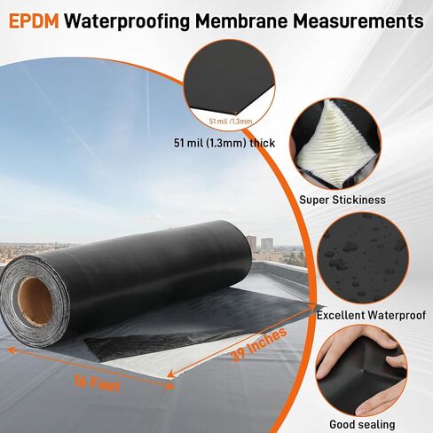 51 Mil Self-Adhesive EPDM Rubber Roofing Membrane - 39" x 16ft Waterproofing Membrane, Sealing Roll Roofing, Self Stick Waterproof Roof Underlayment for RV, Shed, Garage - Black in Kuwait