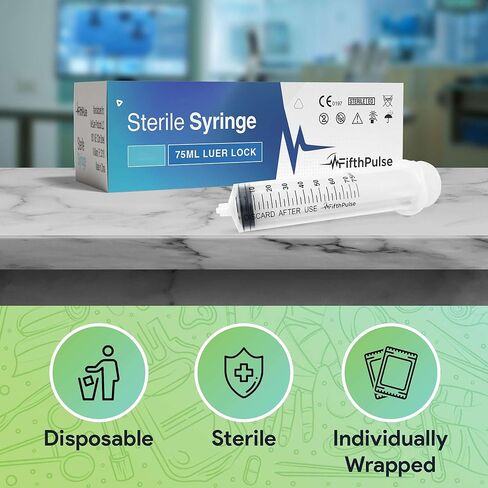 حقنة فيفث بالس 75 مل بدون إبرة - 5 عبوات من المحاقن المغلفة بشكل فردي - جيدة للاستخدام الطبي والمختبر العلمي والاستخدام المنزلي والمزيد - محاقن معقمة بقفل لور، شفافة in Kuwait