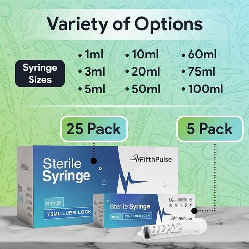 حقنة فيفث بالس 75 مل بدون إبرة - 5 عبوات من المحاقن المغلفة بشكل فردي - جيدة للاستخدام الطبي والمختبر العلمي والاستخدام المنزلي والمزيد - محاقن معقمة بقفل لور، شفافة in Kuwait