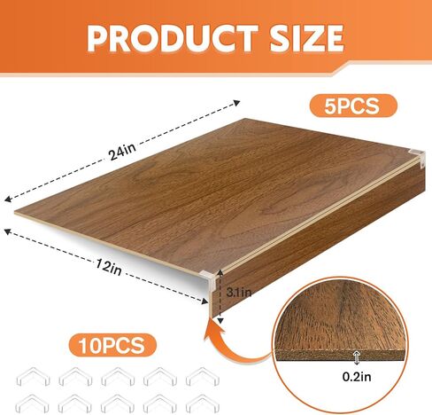 5 عبوات من أغطية رف الأسلاك الخشبية 24 * 12 بوصة أغطية أرفف مع مشبك خلفي ثابت غطاء رف مخزن لخزانة الحمام القابلة للإزالة (الجوز) in Kuwait