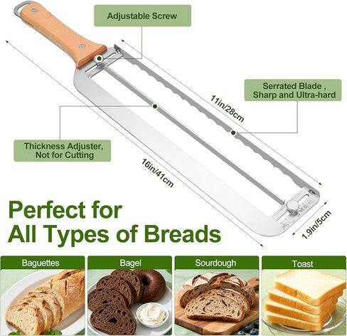Adjustable Bread Slicer for Homemade Bread - Upgrade Manual Sourdough Bread Knife with Thickness Guide, Bread Bow Cutter with Stainless Steel Serrated Blade for Baguettes Bagels, Ideal Gift for Baker in Kuwait