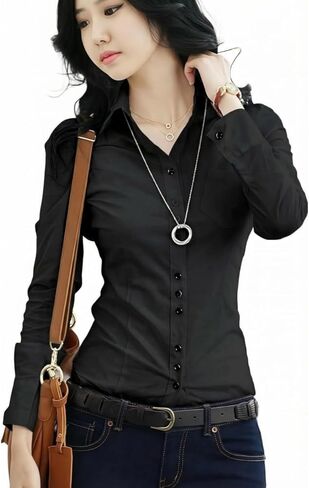 Women's Classic Button Down Shirt with Pockets, Long Sleeve Collared Blouse in Saudi Arabia