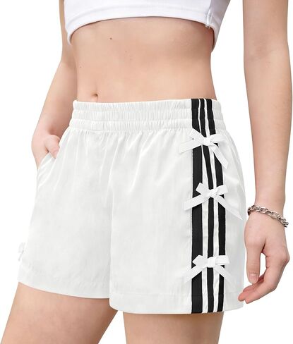 Girls Y2K Striped Track Shorts with Bowknot - Wide Leg, Elastic Waistband & Pockets, Casual for 6-14Y in Saudi Arabia
