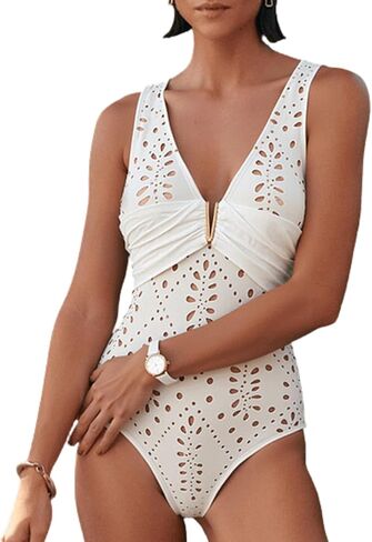 FLAXMAKER Solid One Piece V Neck Laser Cutting Flower Swimsuit and Skirt in Kuwait