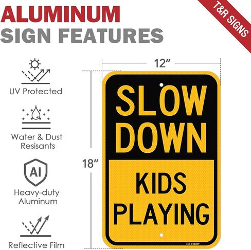 T&R (2 Pack) Slow Down Kids And Pets At Play Sign, 18" x 12" Engineer Grade Reflective Sheeting, Rust Free Aluminum, Weather Resistant, Waterproof, Fade Resistant, 2 Pre-drilled Holes in Saudi Arabia