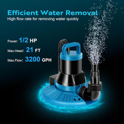 TONGCHANT 1/2HP Swimming Pool Cover Pump Automatic On Off with 25FT Power Cord and 3/4" Hose Fitting, 3200GPH Sump Pump for Inground/Above Ground Pool Cover, Hot-Tub and Rooftop Drainage, UL Listed in Kuwait