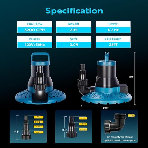 TONGCHANT 1/2HP Swimming Pool Cover Pump Automatic On Off with 25FT Power Cord and 3/4" Hose Fitting, 3200GPH Sump Pump for Inground/Above Ground Pool Cover, Hot-Tub and Rooftop Drainage, UL Listed in Kuwait