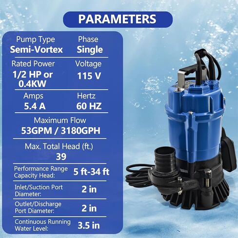 1/2 HP 115V HS2.4S HSZ2.4S Auto Electrical Submersible Wastewater Pump w/Float Switch replacement for Tsurumi Pump HSZ2.4S Submersible Trash Pump Single-Phase 53GPM 3180GPH 60Hz 2" Straight Male NPT in Kuwait