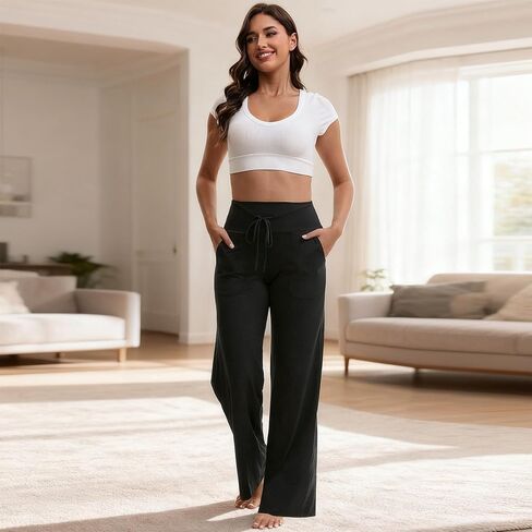 Womens Wide Leg Yoga Pants with Pockets, Stretch High Waisted Workout Casual Loose Lounge Pants in Saudi Arabia