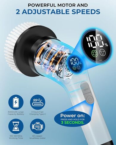 Electric Spin Scrubber, Rechargeable with Upgraded Battery & Extended Runtime, IPX7 Cleaning Brush, 3000mAh Battery 7 Brush Heads 2-Speed Adjustable Long Handle for Bathroom & Tile Floor Cleaning in Saudi Arabia