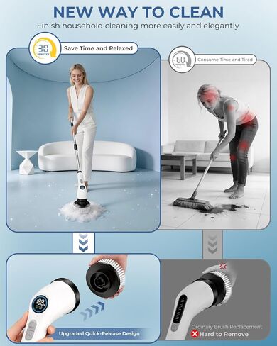 Electric Spin Scrubber, Rechargeable with Upgraded Battery & Extended Runtime, IPX7 Cleaning Brush, 3000mAh Battery 7 Brush Heads 2-Speed Adjustable Long Handle for Bathroom & Tile Floor Cleaning in Saudi Arabia