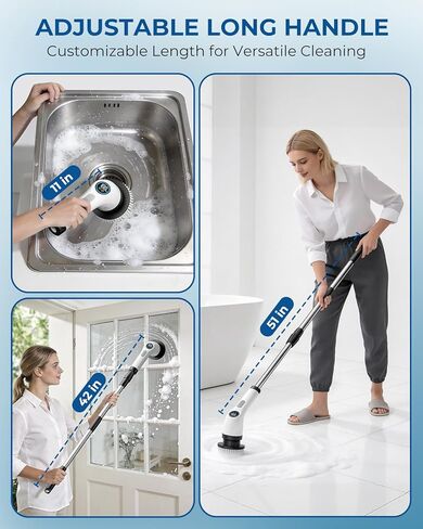 Electric Spin Scrubber, Rechargeable with Upgraded Battery & Extended Runtime, IPX7 Cleaning Brush, 3000mAh Battery 7 Brush Heads 2-Speed Adjustable Long Handle for Bathroom & Tile Floor Cleaning in Saudi Arabia