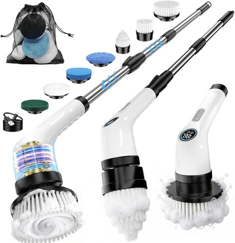 Electric Spin Scrubber, Rechargeable with Upgraded Battery & Extended Runtime, IPX7 Cleaning Brush, 3000mAh Battery 7 Brush Heads 2-Speed Adjustable Long Handle for Bathroom & Tile Floor Cleaning in Saudi Arabia
