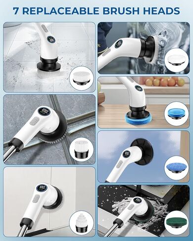 Electric Spin Scrubber, Rechargeable with Upgraded Battery & Extended Runtime, IPX7 Cleaning Brush, 3000mAh Battery 7 Brush Heads 2-Speed Adjustable Long Handle for Bathroom & Tile Floor Cleaning in Saudi Arabia