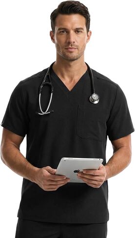 YESWEL Mens Scrub Top with 1 Chest Pocket, Modern V-Neck Scrubs Top, 4-Way Stretch, Durable, Breathable, Moisture-Wicking in Kuwait