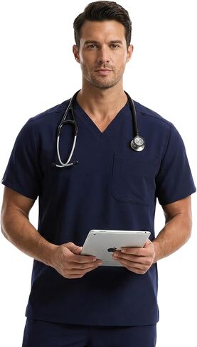 YESWEL Mens Scrub Top with 1 Chest Pocket, Modern V-Neck Scrubs Top, 4-Way Stretch, Durable, Breathable, Moisture-Wicking in Saudi Arabia