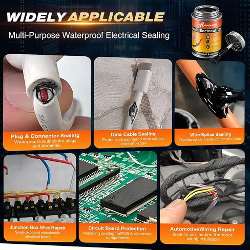 شريط كهربائي سائل 4oz شريط سائل مقاوم للماء غراء عازل كهربائي مع غطاء فرشاة، طلاء مطاطي مرن مقاوم لدرجات الحرارة العالية لكابلات الأسلاك والقابس والسيارات (أسود) in Kuwait