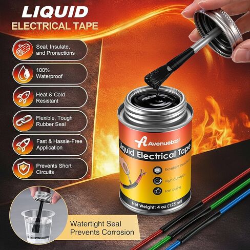 شريط كهربائي سائل 4oz شريط سائل مقاوم للماء غراء عازل كهربائي مع غطاء فرشاة، طلاء مطاطي مرن مقاوم لدرجات الحرارة العالية لكابلات الأسلاك والقابس والسيارات (أسود) in Kuwait