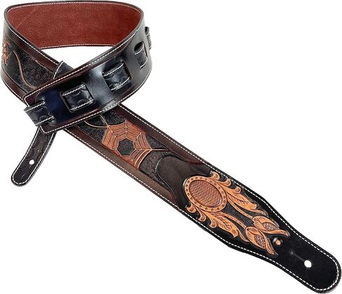 Walker & Williams LC-38 Hand Made Super Premium Leather Guitar Strap with Hand Tooled Spider And Soft Peccary Back For Acoustic, Electric, And Bass Guitars in Saudi Arabia