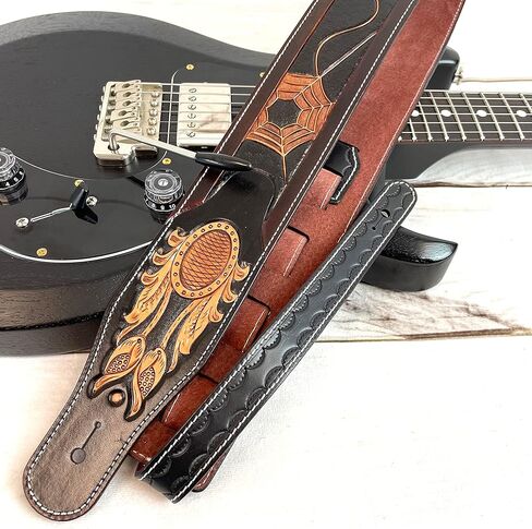 Walker & Williams LC-38 Hand Made Super Premium Leather Guitar Strap with Hand Tooled Spider And Soft Peccary Back For Acoustic, Electric, And Bass Guitars in Saudi Arabia