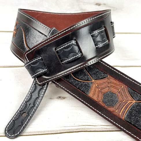 Walker & Williams LC-38 Hand Made Super Premium Leather Guitar Strap with Hand Tooled Spider And Soft Peccary Back For Acoustic, Electric, And Bass Guitars in Saudi Arabia