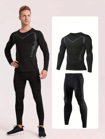 2Pcs Men Compression Workout Set,Compression Pants Shirt Top Long Sleeve Jacket for Gym,Men Athletic Baselayer Sets in Saudi Arabia