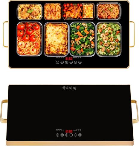 صينية تسخين كهربائية كبيرة جدًا مقاس 32 × 18 بوصة لتدفئة الطعام مع حقيبة تخزين، 9 أوضاع لدرجة الحرارة، أطباق للبوفيه، سخان طعام للحفلات، وسادات ساخنة للمطبخ، إعداد دافئ مخصص 450 وات، حافة ذهبية in Kuwait