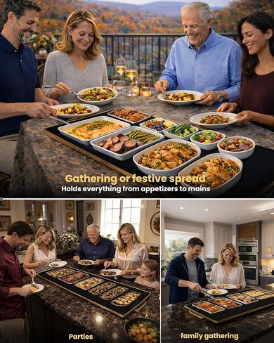 صينية تسخين كهربائية كبيرة جدًا مقاس 32 × 18 بوصة لتدفئة الطعام مع حقيبة تخزين، 9 أوضاع لدرجة الحرارة، أطباق للبوفيه، سخان طعام للحفلات، وسادات ساخنة للمطبخ، إعداد دافئ مخصص 450 وات، حافة ذهبية in Kuwait
