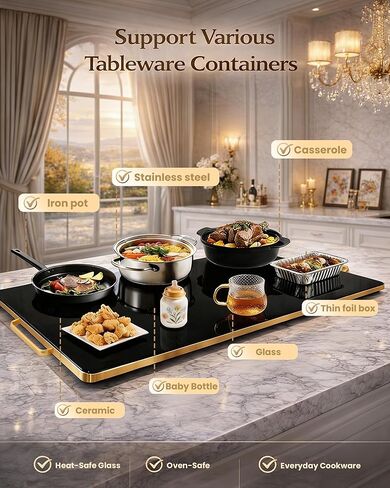 صينية تسخين كهربائية كبيرة جدًا مقاس 32 × 18 بوصة لتدفئة الطعام مع حقيبة تخزين، 9 أوضاع لدرجة الحرارة، أطباق للبوفيه، سخان طعام للحفلات، وسادات ساخنة للمطبخ، إعداد دافئ مخصص 450 وات، حافة ذهبية in Kuwait