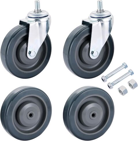 4 Pack 5" Shopping Cart Replacement Wheels Kit | 2 Stemless Casters & 2 Stem Threaded Casters Wheels with Hardware, Single Ball Bearing Silent Shopping Cart Wheels for Supermarket (Grey) in Saudi Arabia