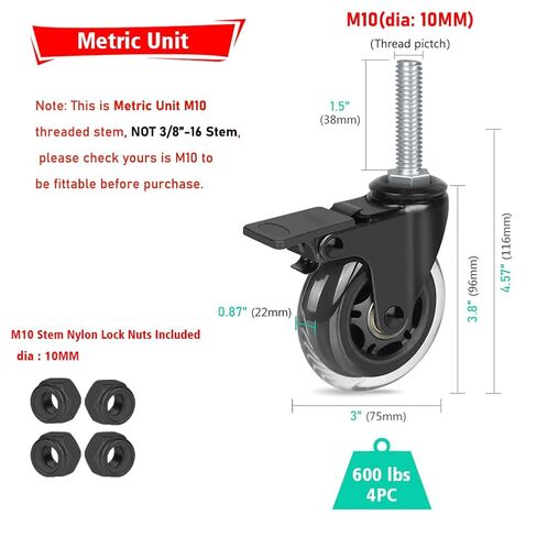 عجلات Hirate مقاس 3 بوصات مع فرامل قفل، عجلات صناعية مترية شديدة التحمل مقاس M10 × 1.5 بوصة بديلة لمنضدة العمل، والعربات، والأثاث، والعربة، ومجموعة من 4 قطع مع صواميل من النايلون in Saudi Arabia