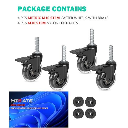 عجلات Hirate مقاس 3 بوصات مع فرامل قفل، عجلات صناعية مترية شديدة التحمل مقاس M10 × 1.5 بوصة بديلة لمنضدة العمل، والعربات، والأثاث، والعربة، ومجموعة من 4 قطع مع صواميل من النايلون in Saudi Arabia