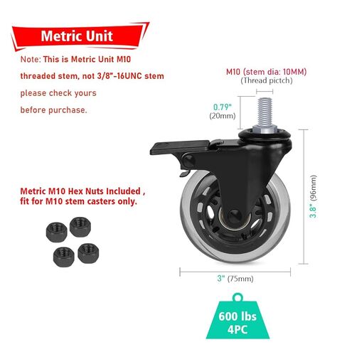 Hirate 3" Stem Casters Set of 4 Metric Threaded Stem M10 x 20mm Heavy Duty Casters Wheels with Safety Locking Furniture casters Swivel Castors with Hex Nuts,600Lbs in Saudi Arabia