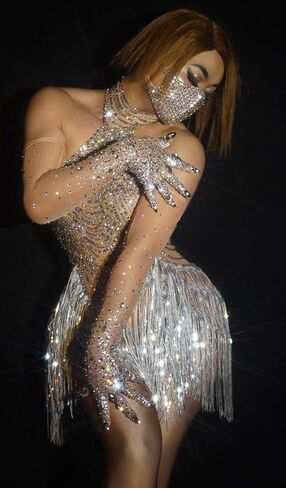 Women Elastic Perspective Crystal Prom Dresses Singer Stage Costumes Latin Dance Tassel Dress with Gloves Silver in Saudi Arabia