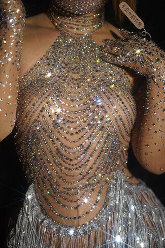 Women Elastic Perspective Crystal Prom Dresses Singer Stage Costumes Latin Dance Tassel Dress with Gloves Silver in Saudi Arabia
