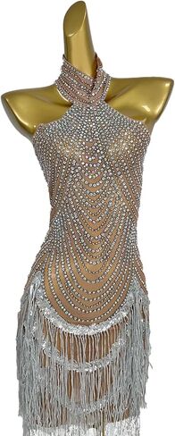 Women Elastic Perspective Crystal Prom Dresses Singer Stage Costumes Latin Dance Tassel Dress with Gloves Silver in Saudi Arabia