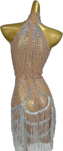 Women Elastic Perspective Crystal Prom Dresses Singer Stage Costumes Latin Dance Tassel Dress with Gloves Silver in Saudi Arabia