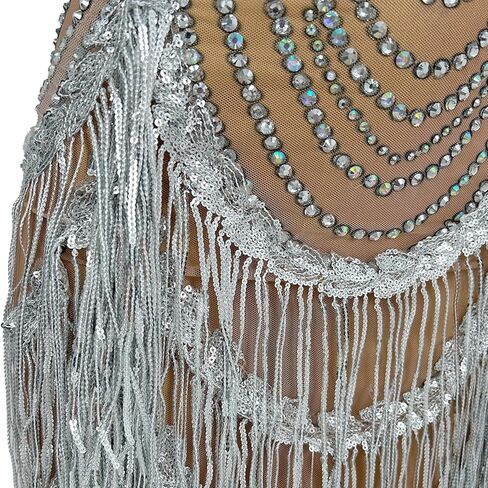 Women Elastic Perspective Crystal Prom Dresses Singer Stage Costumes Latin Dance Tassel Dress with Gloves Silver in Saudi Arabia
