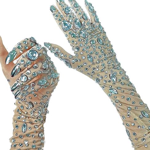 Women Elastic Perspective Crystal Prom Dresses Singer Stage Costumes Latin Dance Tassel Dress with Gloves Silver in Saudi Arabia