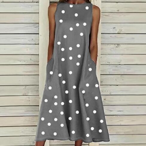 Women's Summer Polka Dot Print Dress with Pockets, Casual Short Sleeve Loose Vacation Midi Dress in Saudi Arabia