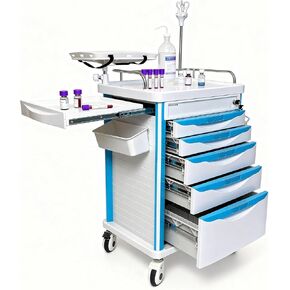 Medical Crash Cart with Emergency Accessory - Cardiac Board, IV Pole, O2 Holder, Power Strip, Trash Bin, Drawers with Dividers - Medical Emergency Crash Cart with Wheels for Hospitals and Clinics in Kuwait